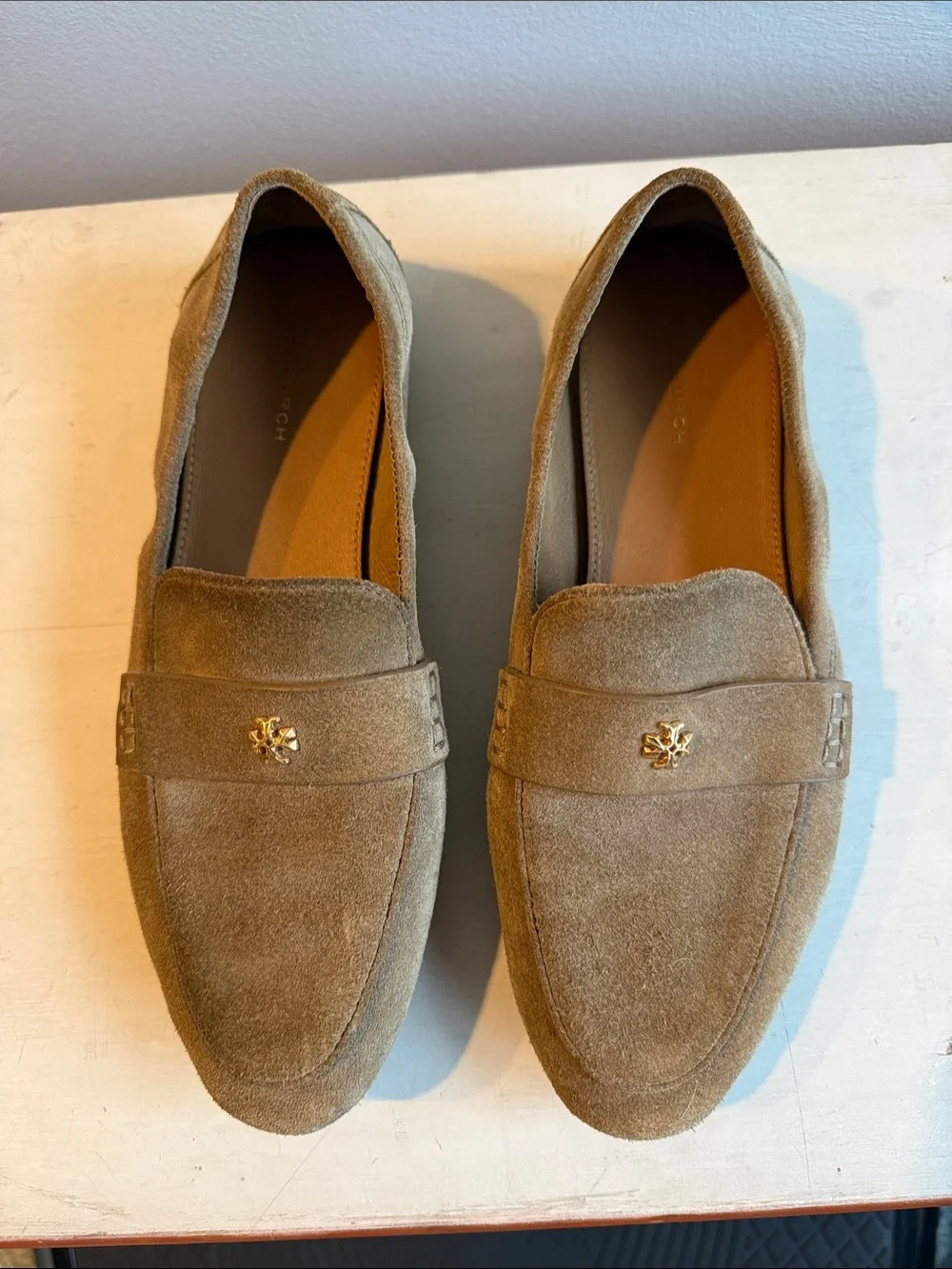 Tory Burch Tan Suede Loafers with Gold Logo